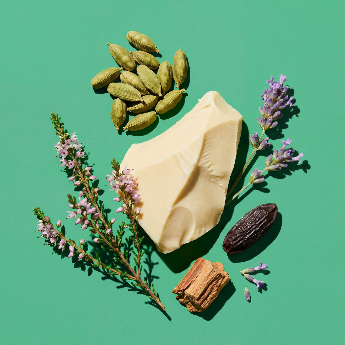 Natural ingredients including shea butter, cardamom, and lavender on a green background.